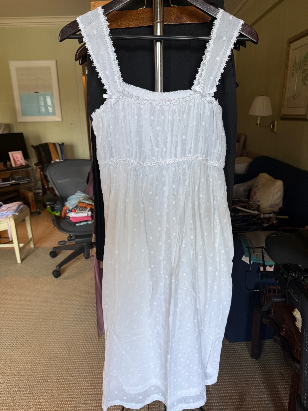 Vintage Schweitzer Linen Nightgown Swiss Dot White Cotton Sz L